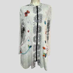 Ark Imports Boho Hippie Embroidered Full Zip Hooded Tunic Sweater Hoodie
